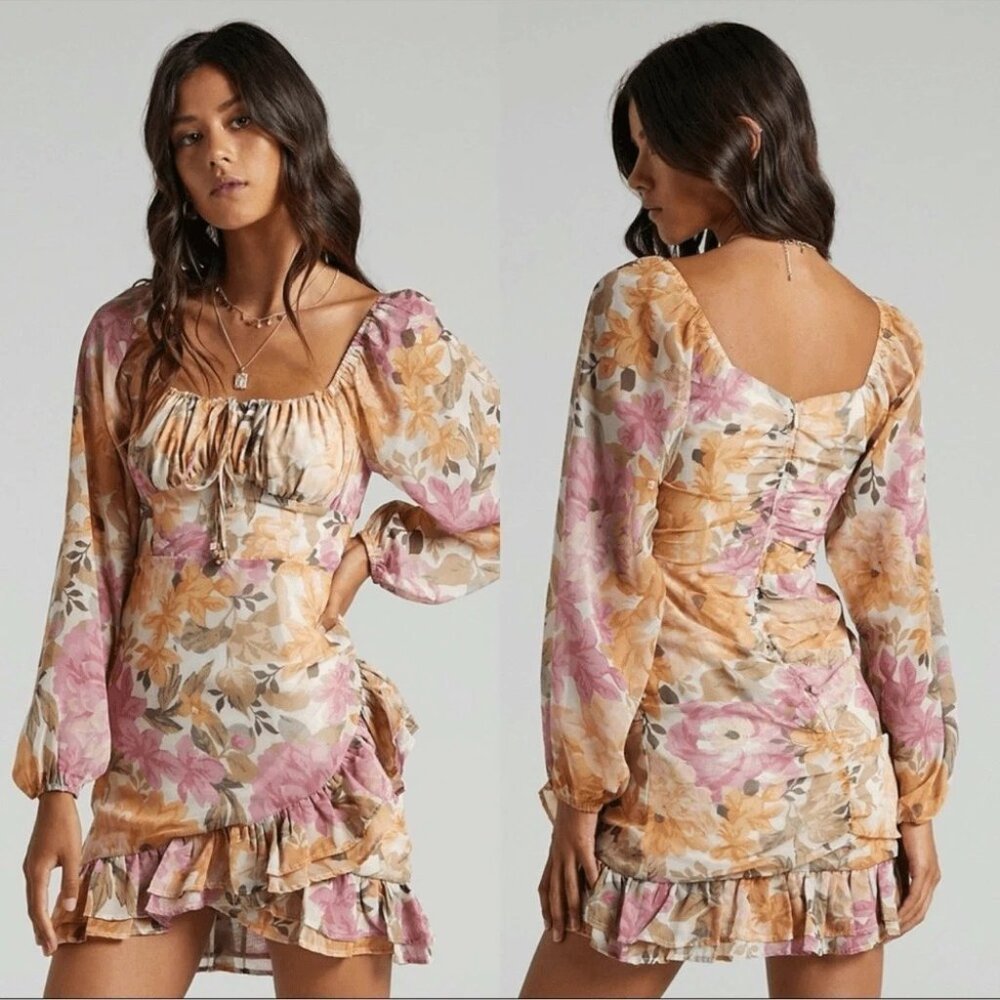 Showpo Ruched Mini Dress Floral Milkmaid NWT Floral Sz US 8 M‎ Ruffle Party